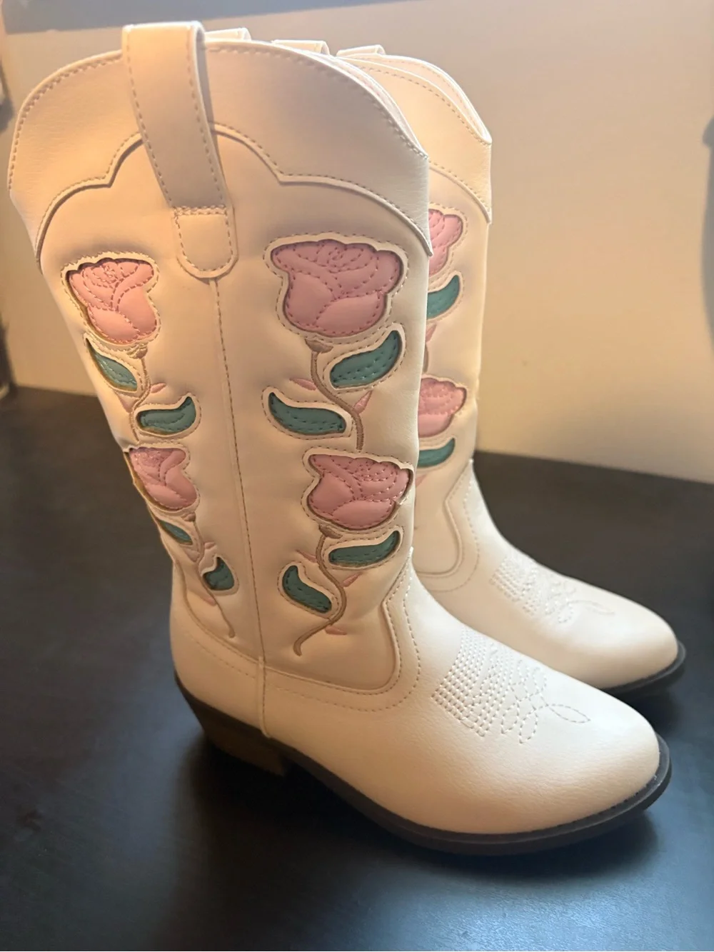 art class White Kids Cowboy Boots with Pink & Teal Floral Appliqué